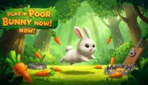 Fluffy bunny hopping on elevated steps in a green forest, collecting carrots and avoiding traps in Poor Bunny.