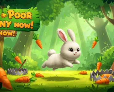 Fluffy bunny hopping on elevated steps in a green forest, collecting carrots and avoiding traps in Poor Bunny.