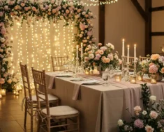 A beautifully decorated wedding venue with soft lighting, floral arrangements, and an elegant table setup.