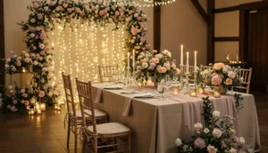 A beautifully decorated wedding venue with soft lighting, floral arrangements, and an elegant table setup.