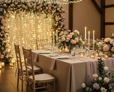 A beautifully decorated wedding venue with soft lighting, floral arrangements, and an elegant table setup.