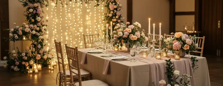 A beautifully decorated wedding venue with soft lighting, floral arrangements, and an elegant table setup.